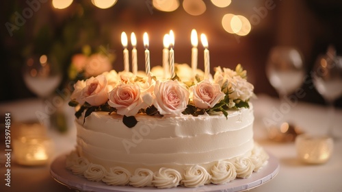Elegant birthday cake adorned with roses and lit candles for celebration