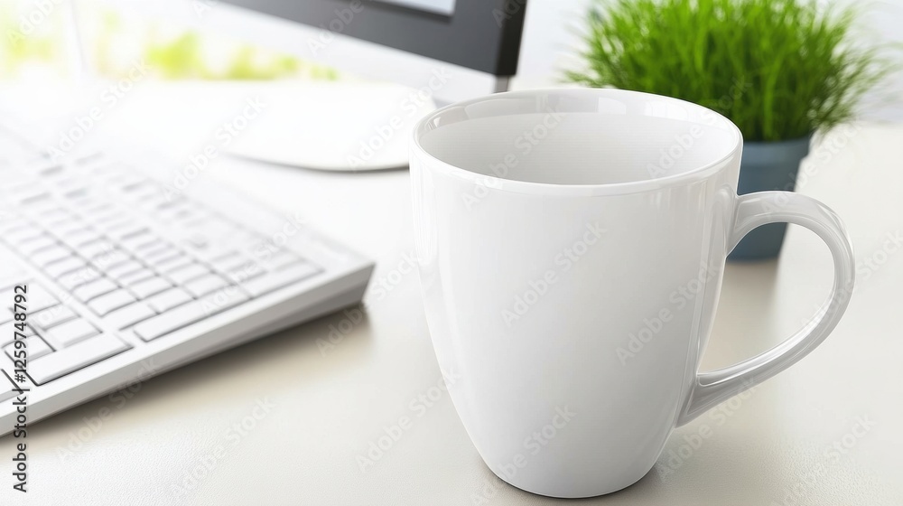 Minimalist White Coffee Mug on a Modern Workspace Desk with Keyboard and Green Plant Minimalist White Coffee Mug on a Modern Workspace Desk with Keyboard and Green Plant
