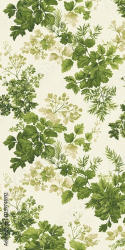 A floral pattern featuring various green leaves and light flowers on a soft cream background, creating a fresh and natural aesthetic.