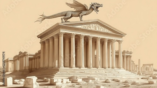Dragon perched atop ancient Grecian temple ruins