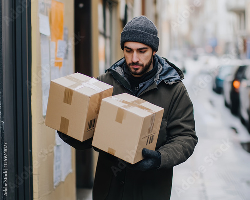 Delivery Worker Carrying Packages on a Winter Street, Perfect for E-commerce and Courier Service Promotions photo