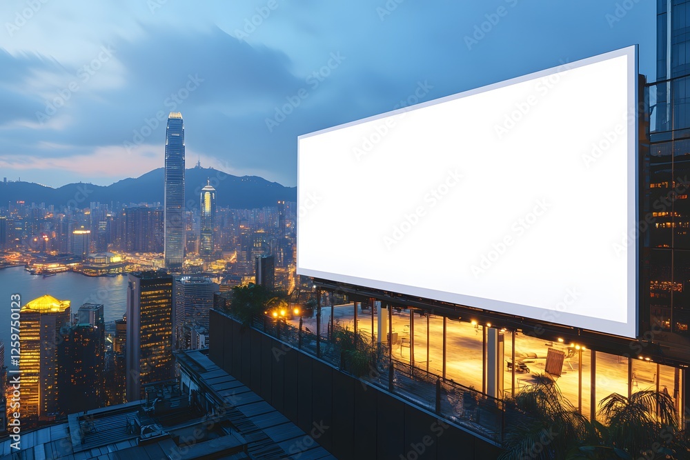 Blank billboard rooftop Hong Kong night city advertising Blank billboard rooftop Hong Kong night city advertising