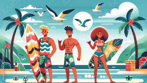  Surfer Dude and Dudette, two energetic characters, a guy and a girl, wearing colorful surf gear. They are carrying surfboards with tropical patterns, standing by the ocean waves