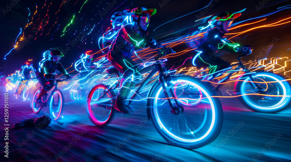 Obraz premium A festival where people ride glowing bicycles through the air, lighting up the night with vibrant trails of neon light, creating a magical and futuristic atmosphere.