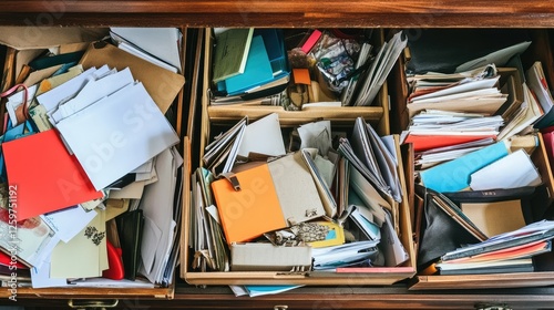 A junk drawer full of random documents, creating a chaotic and messy home environment.