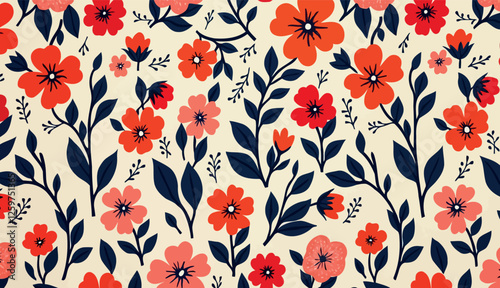s a vibrant floral pattern set against a light background. The design is composed of various flowers in shades of red and coral