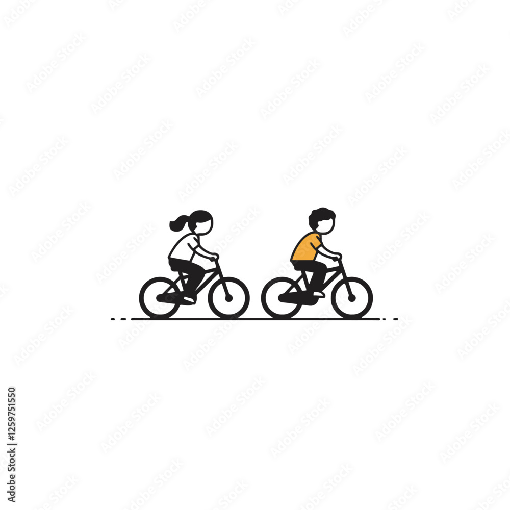 Naklejka premium Two Cartoon Characters Riding Bicycles in a Simple Minimalist Scene