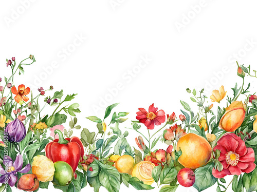 Fototapeta Naklejka Na Ścianę i Meble -  Watercolor painting of a vibrant summer harvest scene with fruits vegetables and flowers