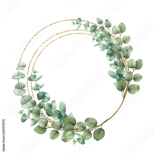 Eucalyptus green plant branches in circular golden frame. Watercolor hand drawn Silver dollar plant wreath illustration. Round template for wedding invitations, greeting cards Isolated from background