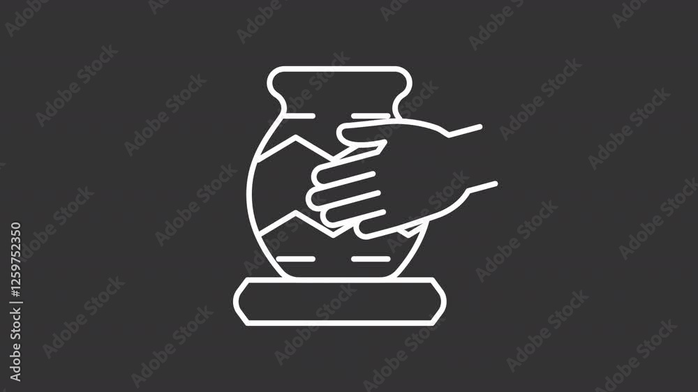 Pottery white line animation. Potter making animated icon. Moving hand. Rotating clay pot. Handmade, craft. Isolated illustration on dark background. Transition alpha video. Motion graphic Pottery white line animation. Potter making animated icon. Moving hand. Rotating clay pot. Handmade, craft. Isolated illustration on dark background. Transition alpha video. Motion graphic
