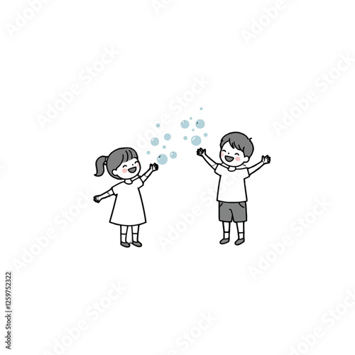 Illustration of Happy Children Playing Together with Soap Bubbles Outdoors