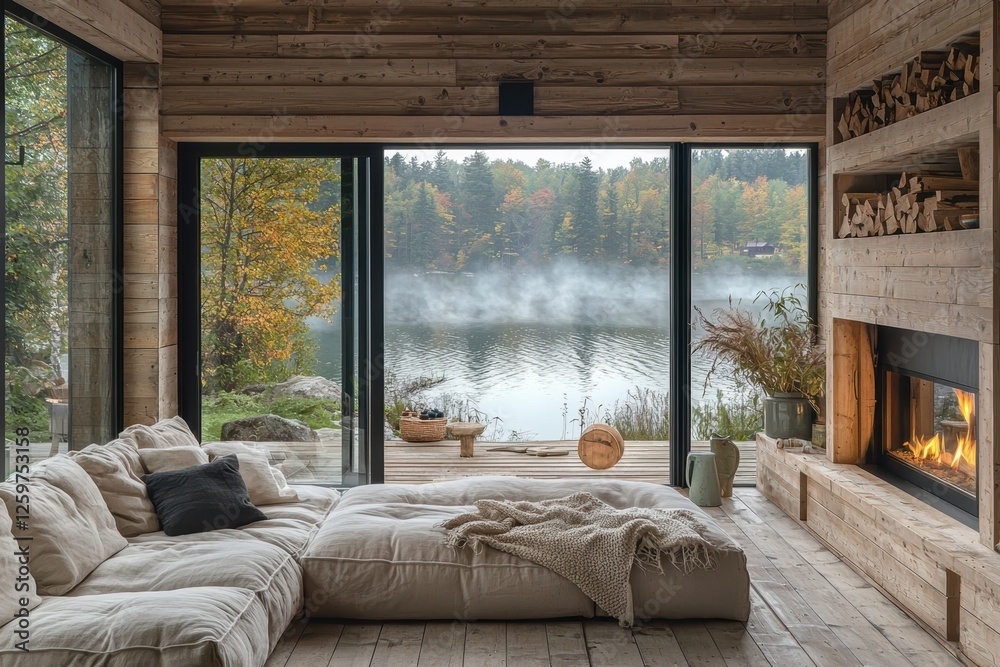 Fototapeta premium Modern lake house interior design serene waterfront high fidelity aesthetics cozy environment nature-inspired view