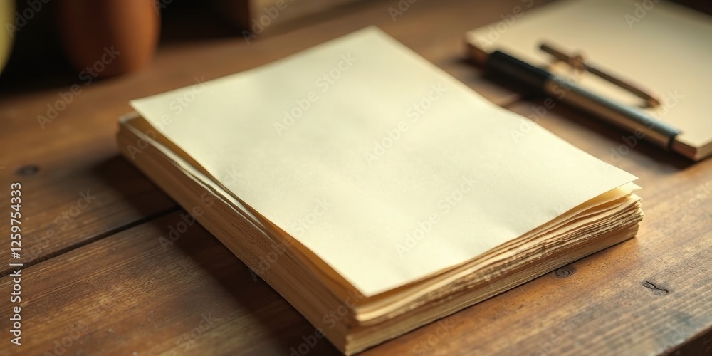 Fototapeta premium Blank cream pages in an aged book rest on a rustic wooden surface, near a pen and notepad, ready for inspirational writing or sketching.