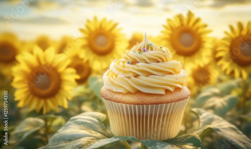 Vanilla cupcake in sunflower field, sunset background; summer dessert