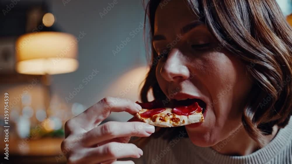A woman enjoys a delicious pizza in a cozy restaurant A woman enjoys a delicious pizza in a cozy restaurant