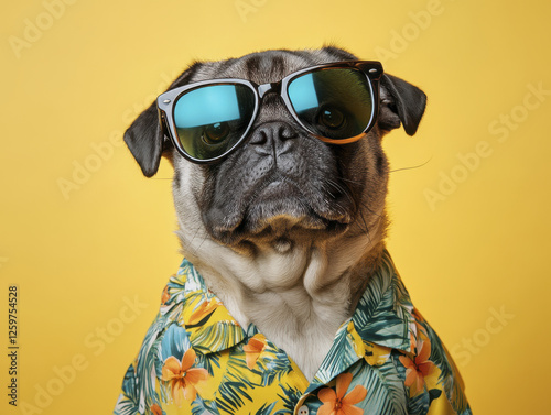 Funny pug wearing sunglasses and Hawaiian shirt against bright yellow background, exuding playful and cheerful vibe
