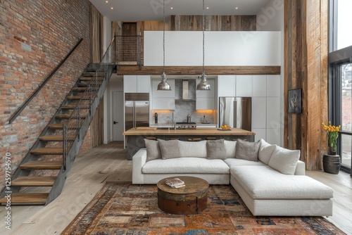 Modern new york loft with exposed brick walls chic interior urban living space bright environment wide view contemporary style photo