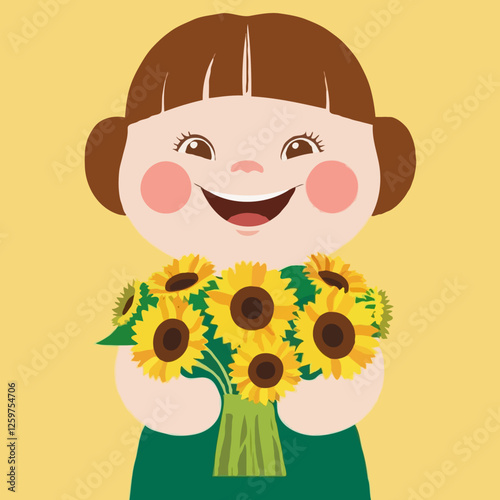 Joyful Girl with Sunflowers: A cheerful illustration of a little girl with rosy cheeks and a wide smile, happily holding a vibrant bouquet of sunflowers.  The image evokes feelings of warmth.