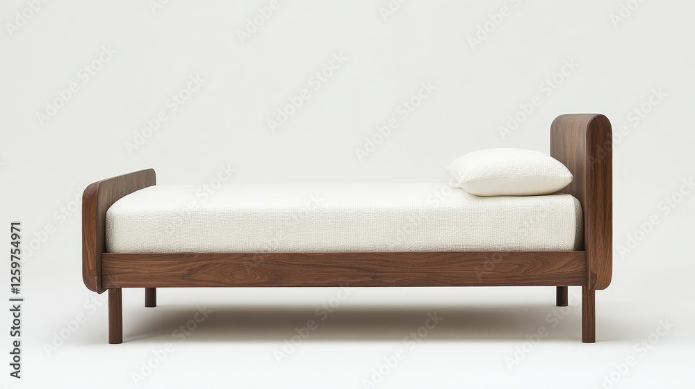 Fototapeta premium A neatly arranged minimalist bedroom with a bed raised on wooden legs.