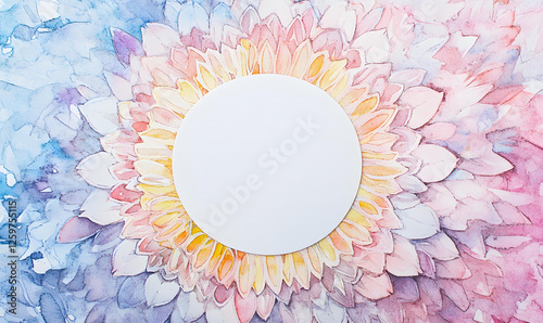 Watercolor painting of a flower with a white circle in the center for text or image