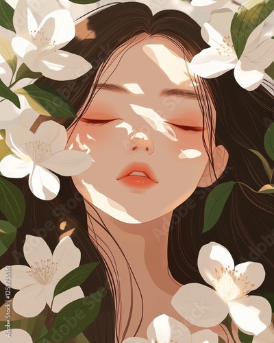 Woman in a floral setting with soft sunlight illuminating her face and features