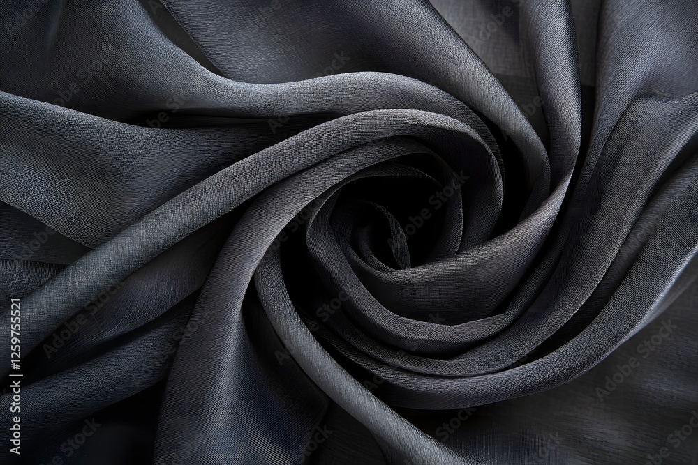 Fototapeta premium Dark Fabric Swirls, Elegant Texture, Smooth, Soft, Luxurious, Gray, Draped, Abstract, Woven, Close-up, Detailed, Silky