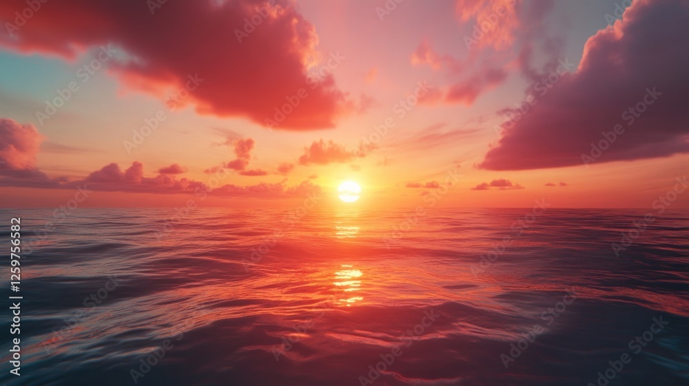 Naklejka premium Ocean sunset, fiery cloudscape, tranquil waters, peaceful background, travel imagery