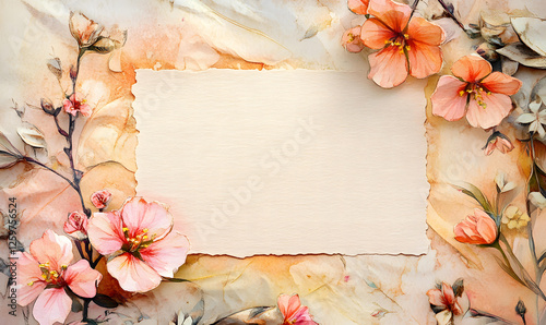 Watercolor floral painting with blank textured paper background for wedding invitation or spring announcement
