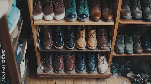 A shoe rack filled with shoes neatly placed, next to a messy floor.