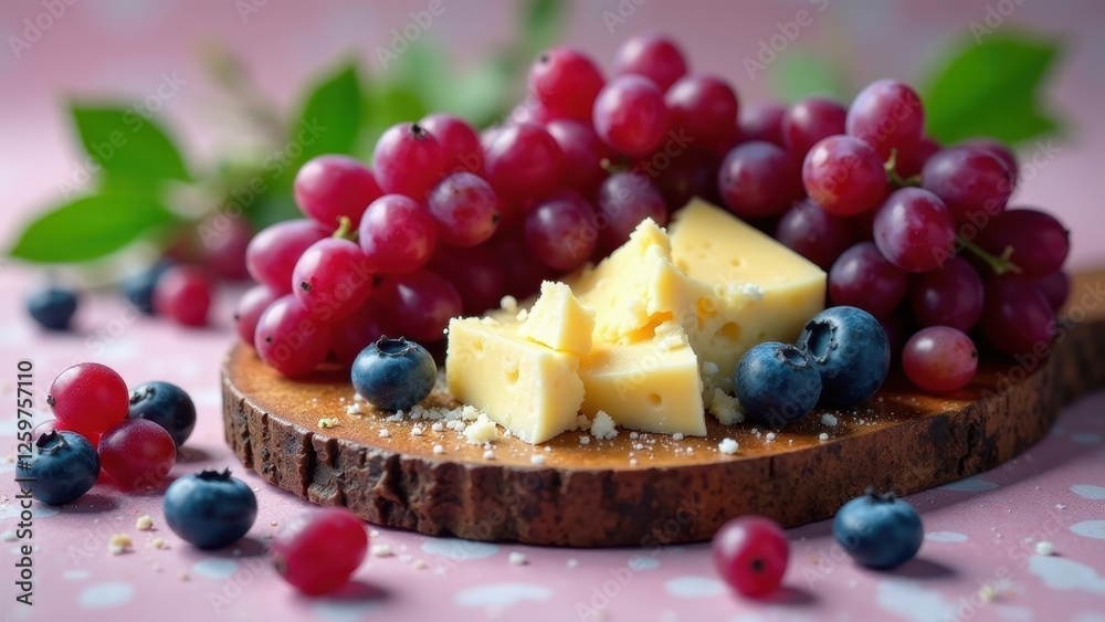 Delightful arrangement of cheese wedges, red grapes, and blueberries on a rustic wooden board Delightful arrangement of cheese wedges, red grapes, and blueberries on a rustic wooden board