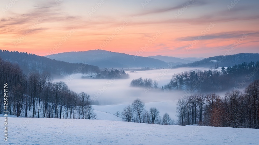 Winter Sunset Over Foggy Mountain Valley Landscape Winter Sunset Over Foggy Mountain Valley Landscape