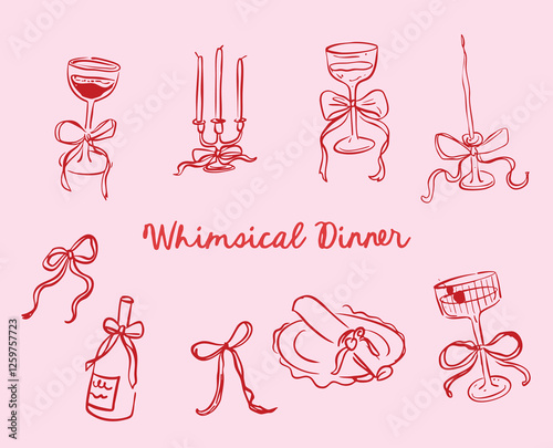 Set of whimsical hand-drawn wedding ceremony illustration in trendy vintage style
