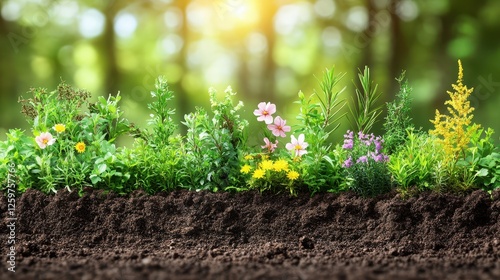 Blooming flowers in garden soil, spring background