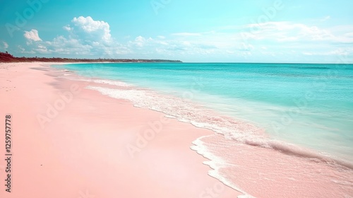 Fototapeta Naklejka Na Ścianę i Meble -  Pink sandy beach meeting soft blue ocean waves in a pastel aesthetic