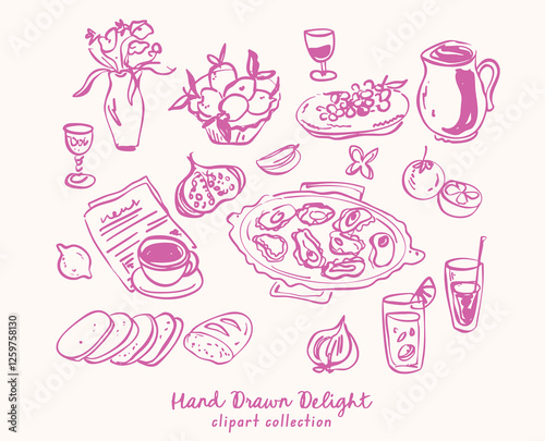 Beautiful collection of hand drawn vector whimsical style food illustration