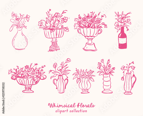 Beautiful collection of hand drawn vector whimsical style floralillustration