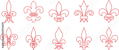 Fleur de Lys symbols or Fleur de Lis vector icon set ornament Silhouette isolated on transparent background. Flower Lily Royal Medieval Heraldic french symbol. Classic emblems flower art pattern.