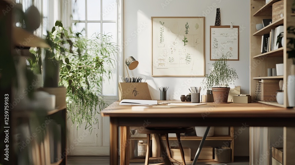 Fototapeta premium Scandinavian-style workspace with a wooden desk, simple decor, and greenery