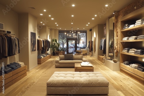 Modern boutique retail space showcasing sculptural cloth urban setting interior design contemporary environment wide angle view