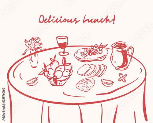 Set of whimsical hand-drawn wedding ceremony food illustration in trendy vintage style
