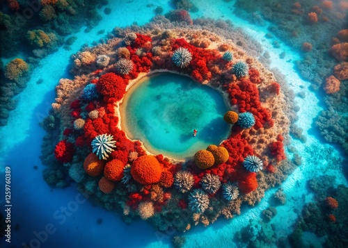 Aerial Drone View: Zabargad Island's Vibrant Red Sea Coral Reef, Egypt photo