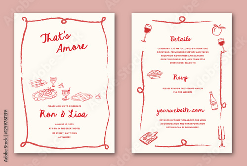 Hand drawn quirky whimsical wedding inviation template