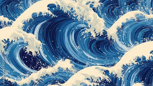 Seamless blue wave pattern with a clean, minimalist design photo