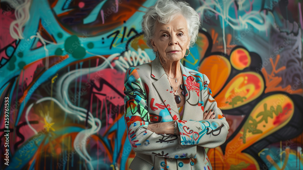 Fototapeta premium An older woman exudes confidence in a power suit covered in bold graffiti art, symbolizing rebellion, creativity, and energy at any age. She stands tall, radiating style, strength, and individuality