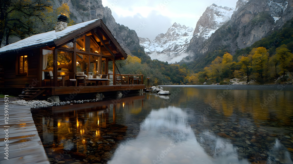 Fototapeta premium Mountain lake cabin autumn evening reflection