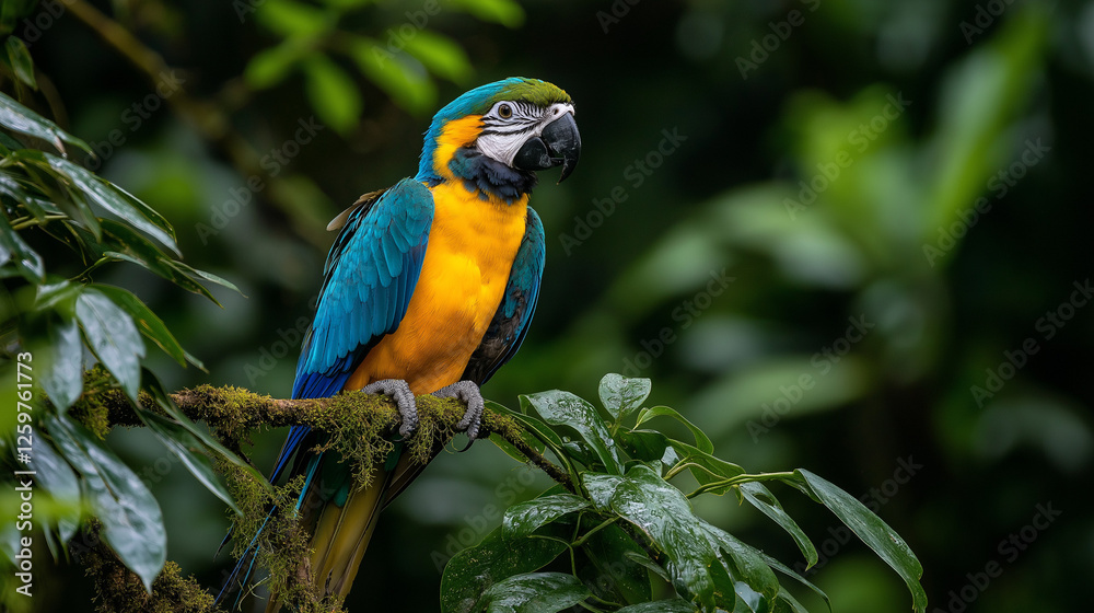 Blue-and-gold Macaw Perched: A vibrant blue-and-gold macaw with its striking colors and distinct markings perches majestically on a branch amidst lush green foliage. Blue-and-gold Macaw Perched: A vibrant blue-and-gold macaw with its striking colors and distinct markings perches majestically on a branch amidst lush green foliage.