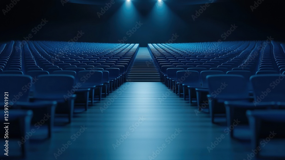 Fototapeta premium Empty Stadium Seat Empty stadium section captured from a high perspective, rows of seats forming a symmetrical, repeating pattern in a quiet venue.