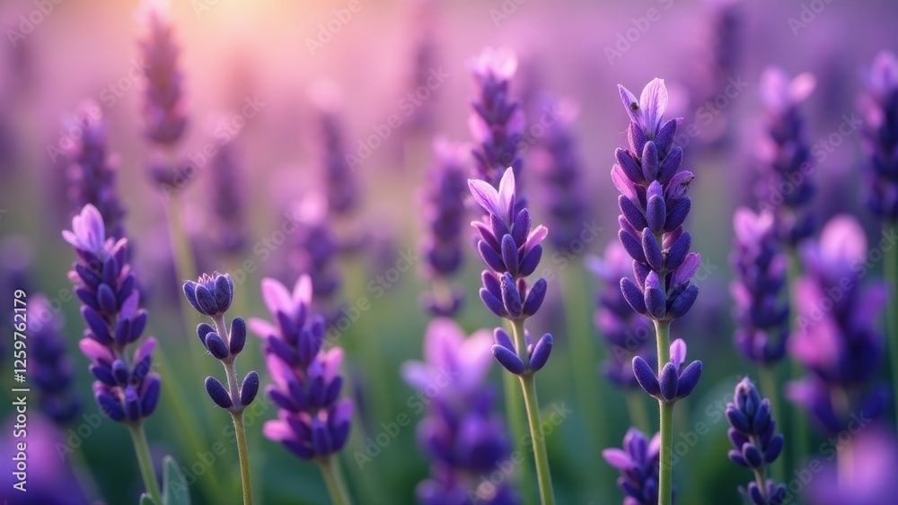 A field of lavender blossoms bathed in the warm glow of sunrise, delicate purple flowers swaying gently in a soft breeze, creating a serene and tranquil atmosphere. A field of lavender blossoms bathed in the warm glow of sunrise, delicate purple flowers swaying gently in a soft breeze, creating a serene and tranquil atmosphere.