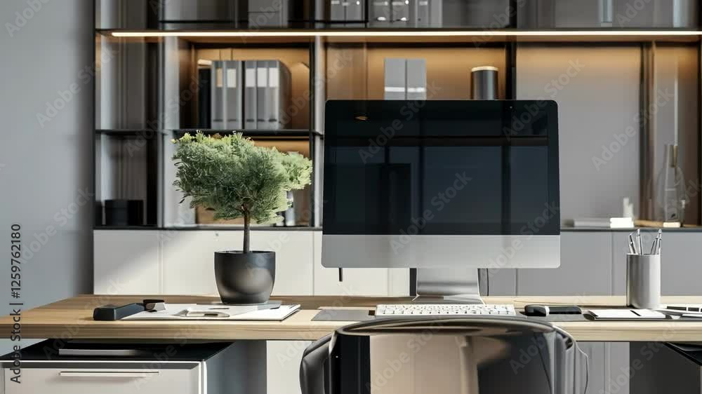 Stylish modern office space with computer and plant decor