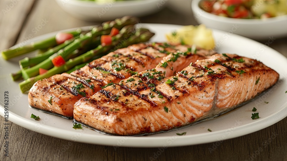 A plate of grilled salmon fillets seasoned with herbs and served with a side of asparagus A plate of grilled salmon fillets seasoned with herbs and served with a side of asparagus